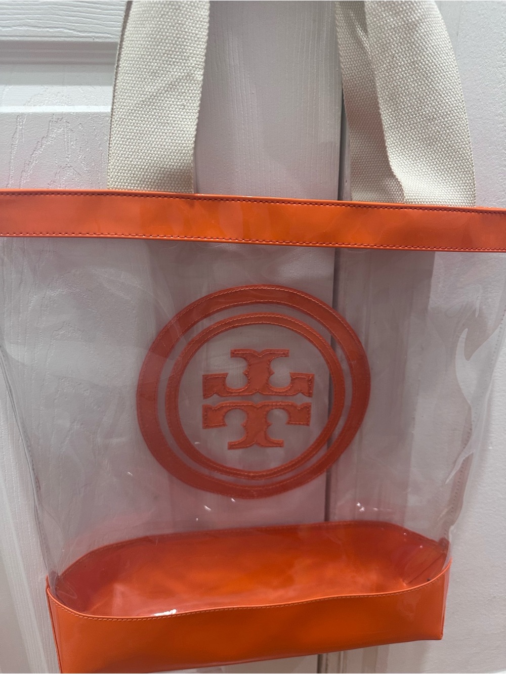 Tory Burch Clear PVC Tote with Orange Trim and Logo - Picture 5 of 12
